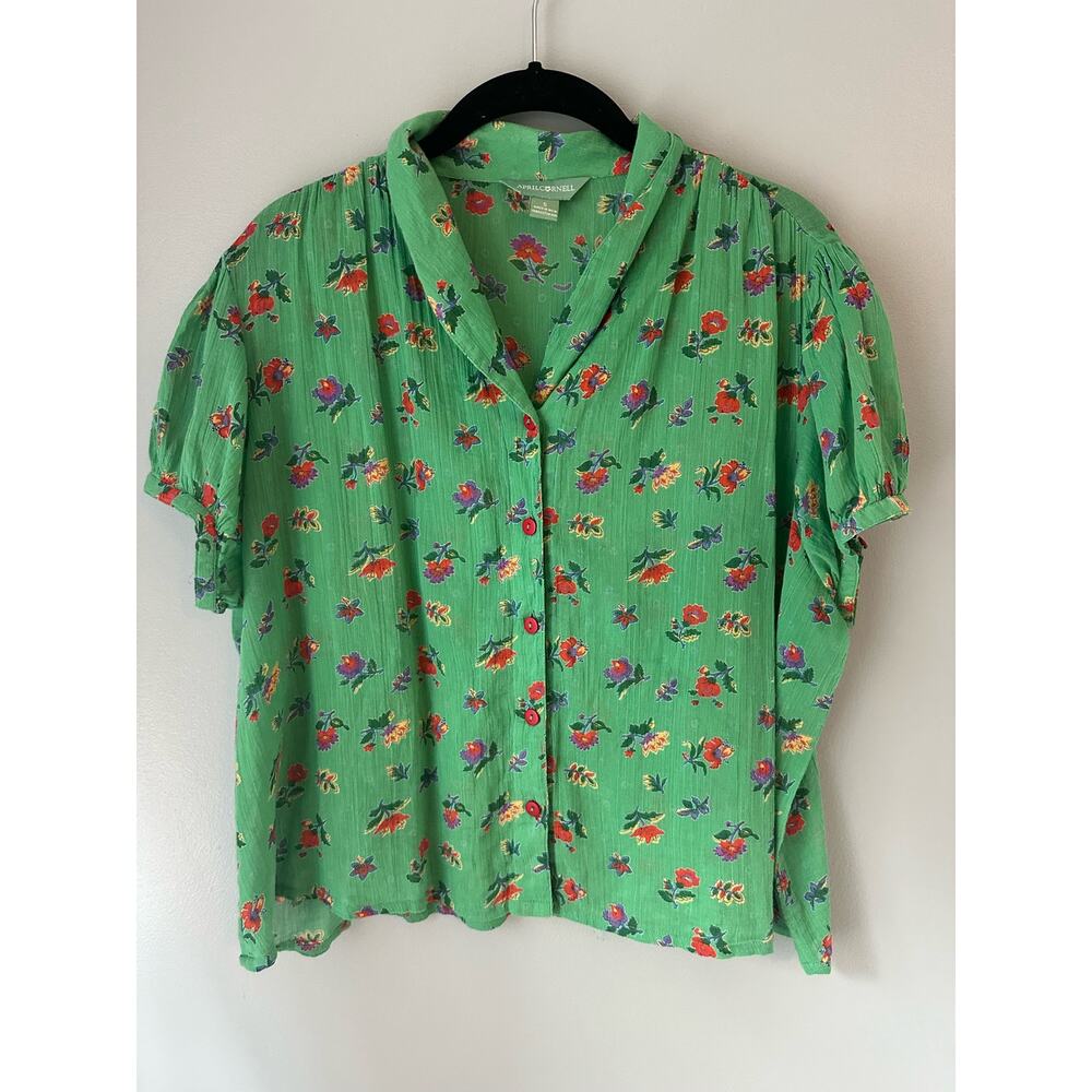 April Cornell Green Floral Cap Sleeve Button Down Blouse
